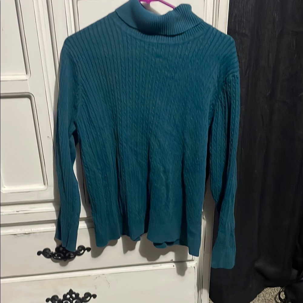 JEANNE PIERRE Blue Ribbed Turtleneck Sweater